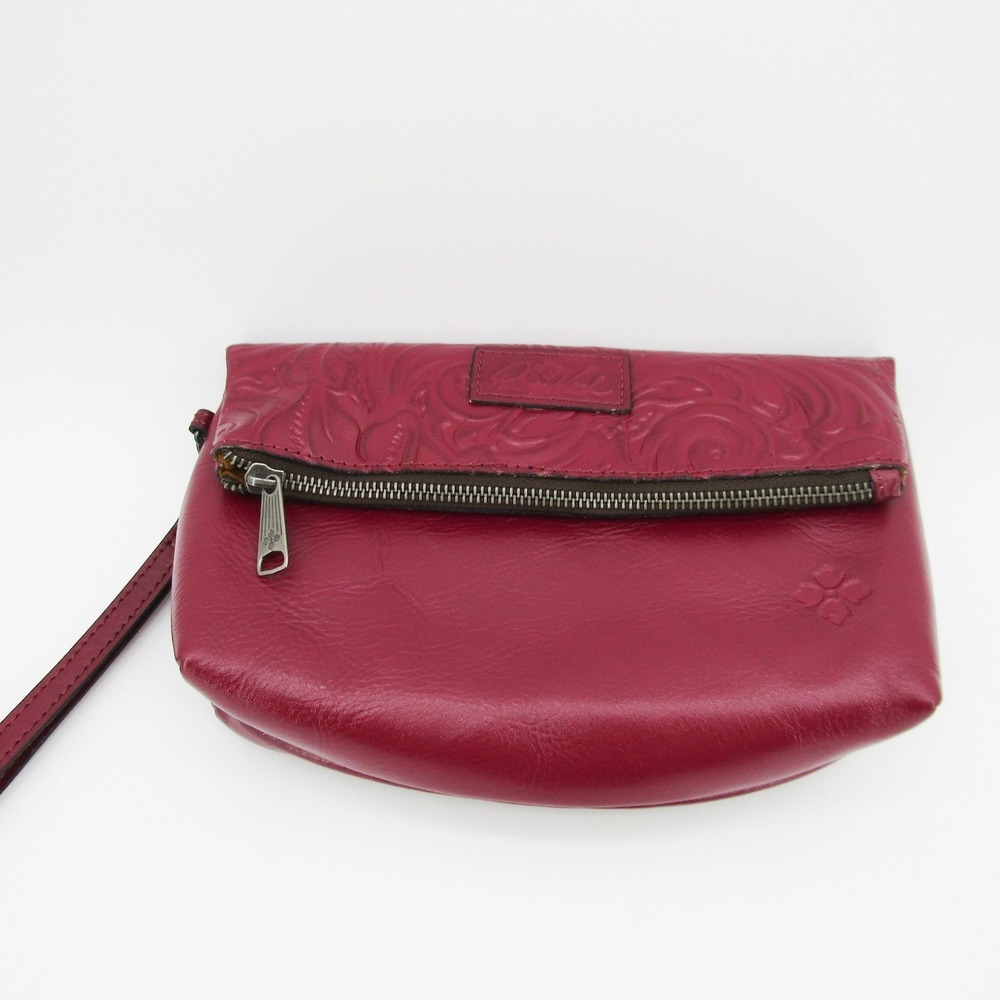 Patricia Nash Burgundy Tooled Leather Floral Wristlet Clutch Bag Red Foldover
